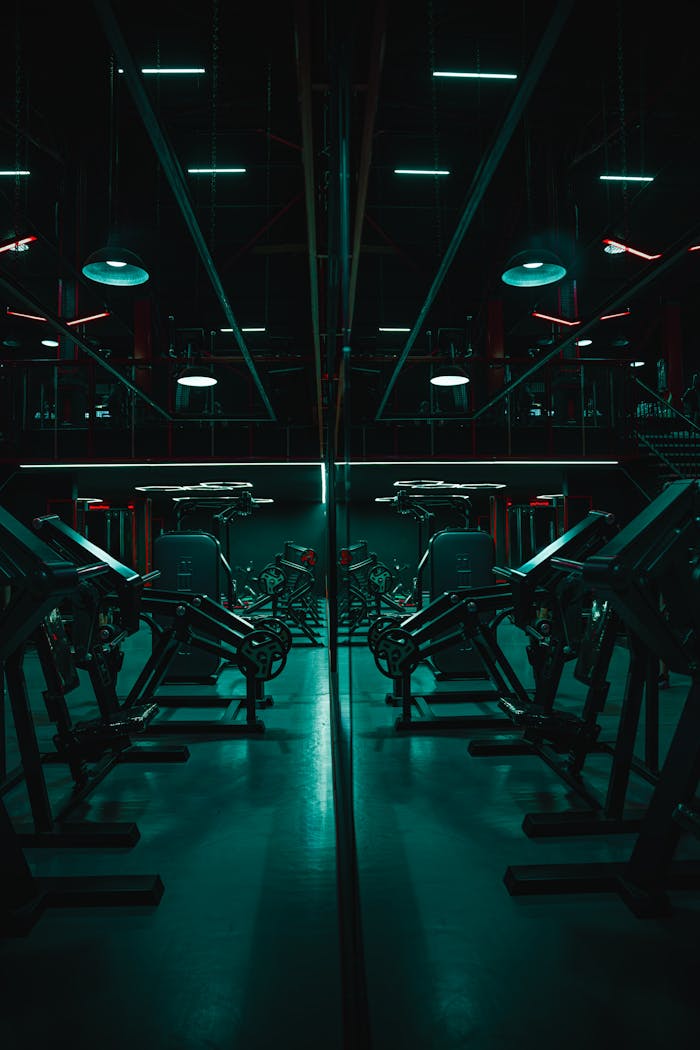 services-04 Dark, atmospheric gym with mirrored weightlifting machines and neon lighting.
