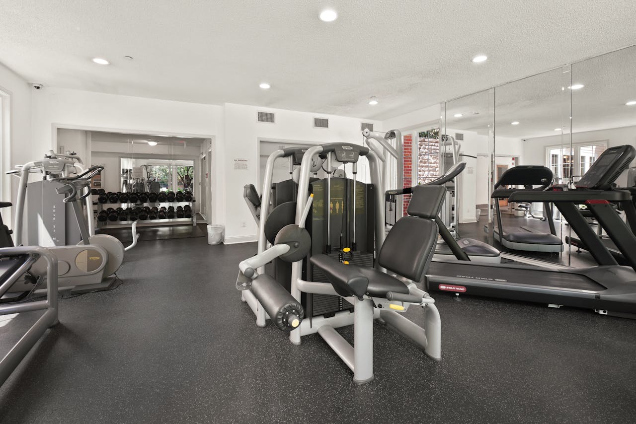 about-01 Spacious gym interior featuring various fitness equipment and natural lighting.